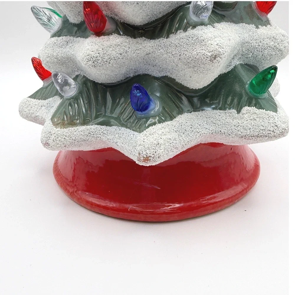 Ceramic Mold Light Up Flocked Christmas Tree Green Red 10.5 inch